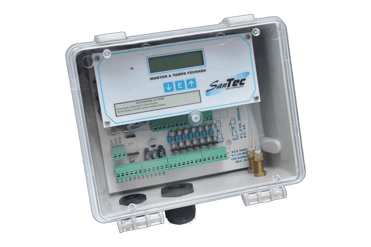Controlador ECO Santec V.7x para limpeza de filtros em sistemas de exaustão e despoeiramento pneumático.