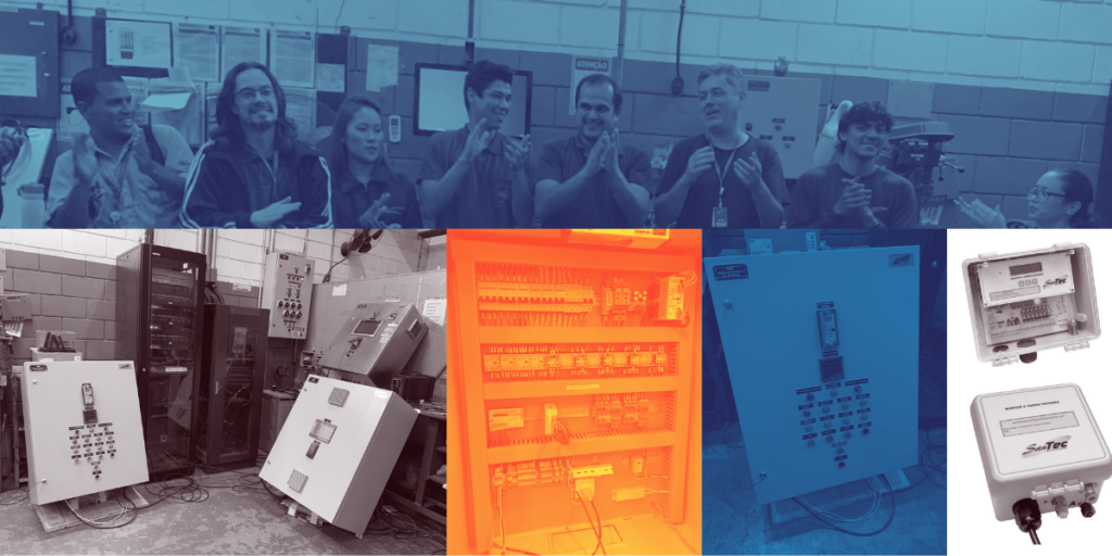 Equipe de automação industrial em ambiente de trabalho, com painéis de controle e equipamentos de…