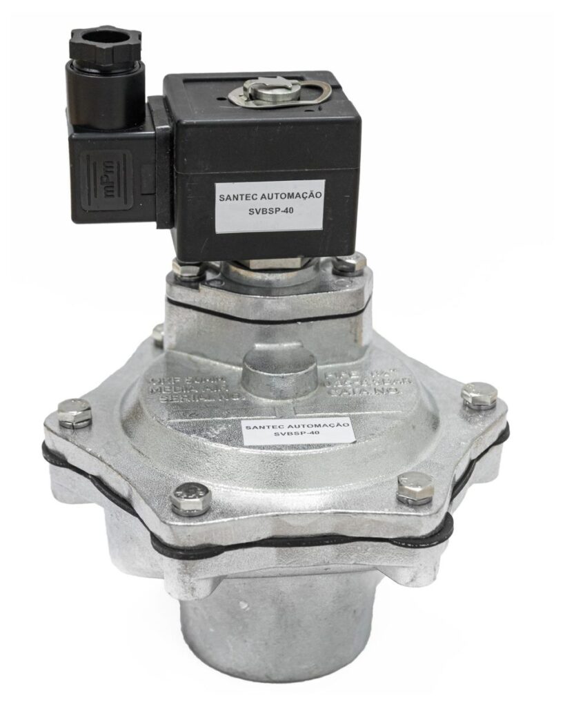 Válvula pneumática de diafragma SVBSP-40 com bobina, ideal para sistemas de exaustão e despoeiramento industrial.