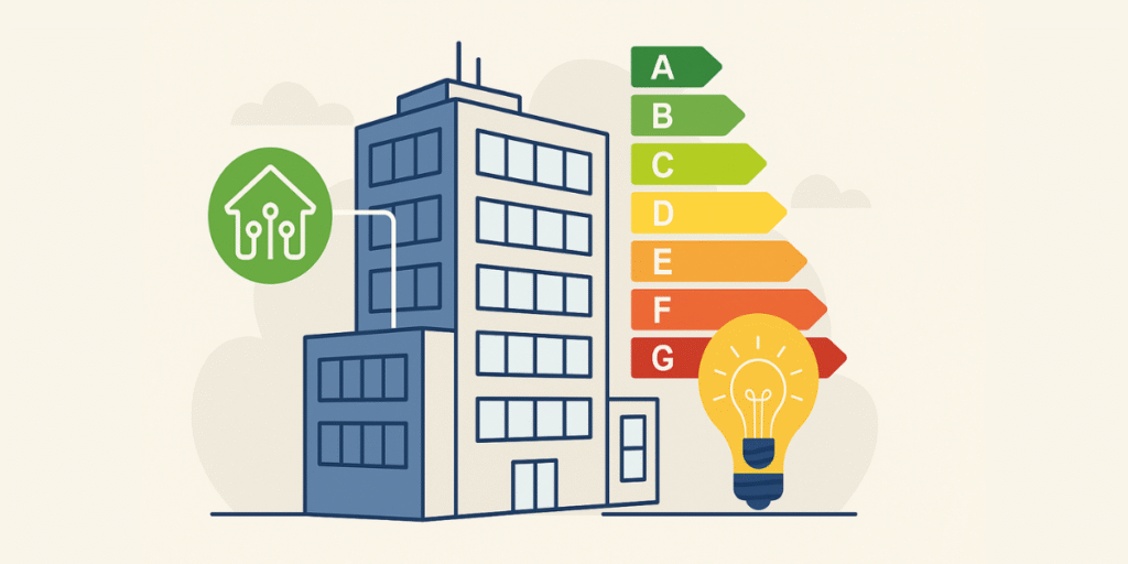 Imagem ilustrativa de um edifício com ícone de automação e gráfico de eficiência energética, representando&hellip;