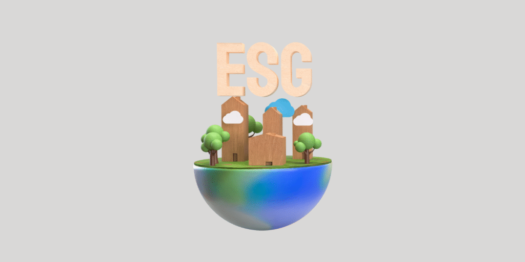 Ilustração de sustentabilidade com elementos de automação industrial, destacando ESG e integração de tecnologia.