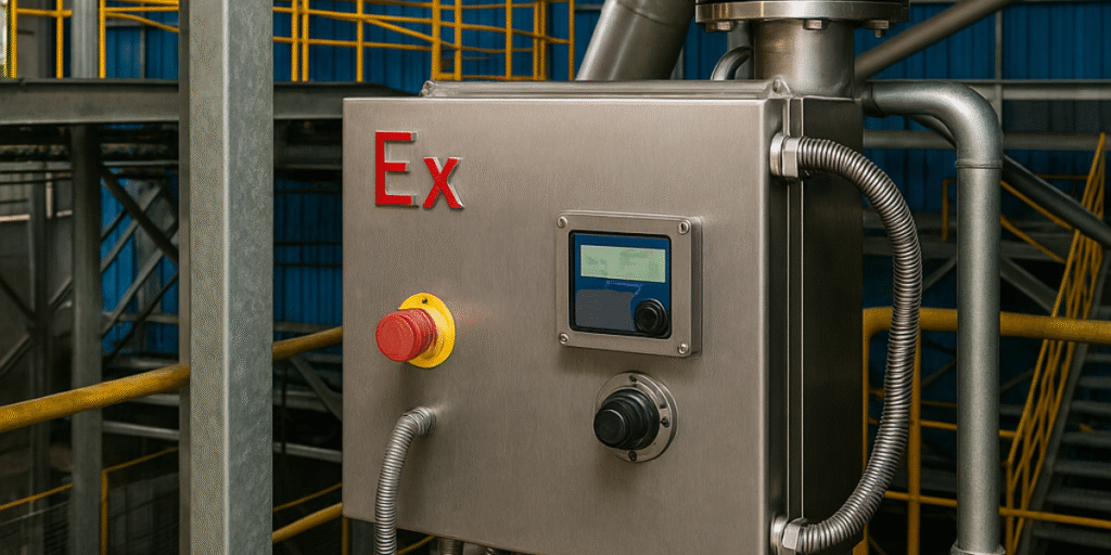 Área industrial classificada com risco de explosão, equipada com painéis e dispositivos de automação em ambientes ATEX, organizados e certificados para operação segura.