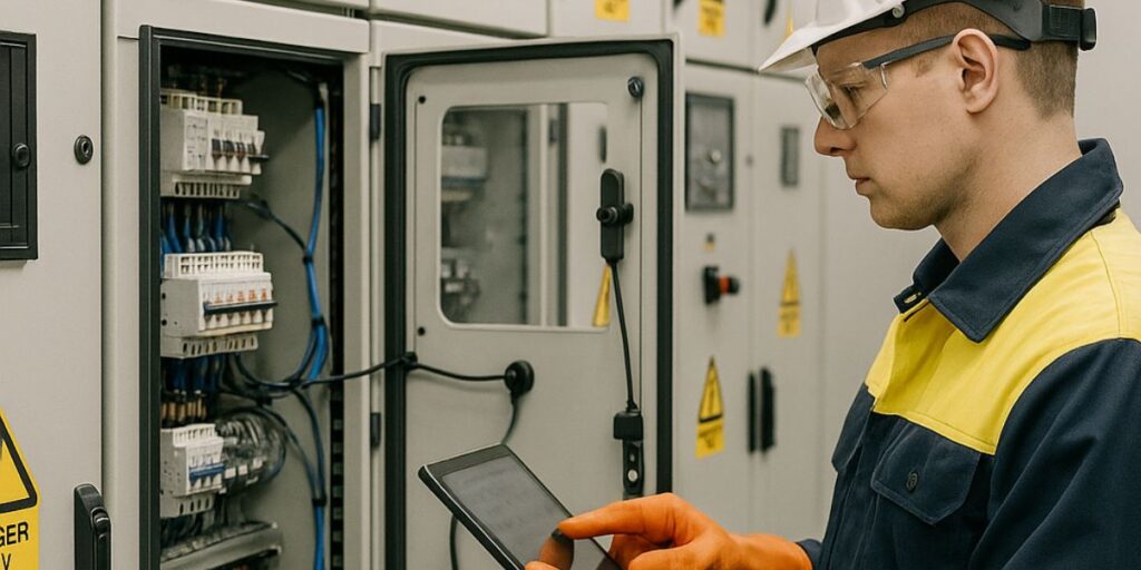 Técnico inspecionando painel de controle de automação industrial com tablet, verificando sistemas de segurança e&hellip;