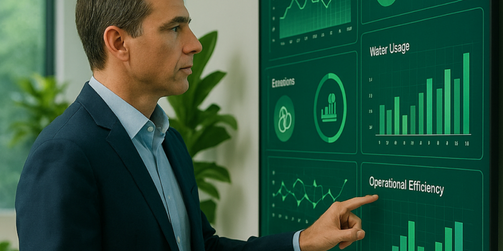 Engenheiro analisando uma grande tela digital com dashboards verdes de consumo de energia, emissões, uso de água e eficiência operacional, em um ambiente corporativo sustentável com plantas internas e iluminação LED, representando ações de automação verde aplicadas à gestão inteligente de recursos.