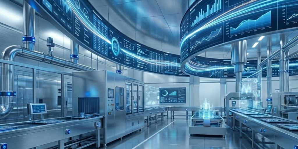Planta futurista com linhas automatizadas, sensores inteligentes e painéis digitais exibindo dados em tempo real, ilustrando o conceito de automação industrial com IA integrada em operação avançada.