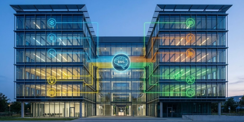Edifício corporativo moderno com sistemas integrados de BMS, climatização, iluminação e energia, ilustrando eficiência energética em prédios por meio de automação predial inteligente.
