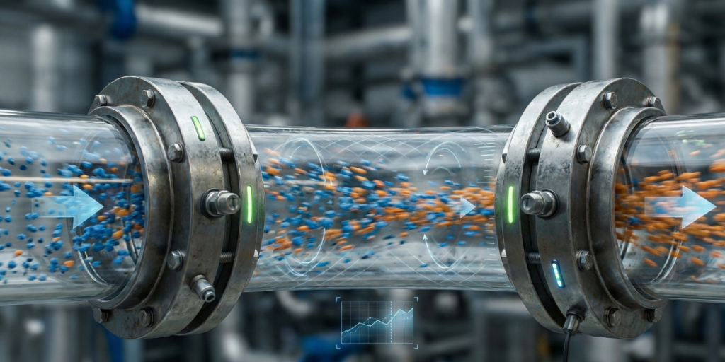Tubulação transparente mostrando o fluxo de partículas em movimento dentro de um sistema de transporte pneumático industrial, com sensores luminosos e elementos digitais indicando direção e desempenho operacional.