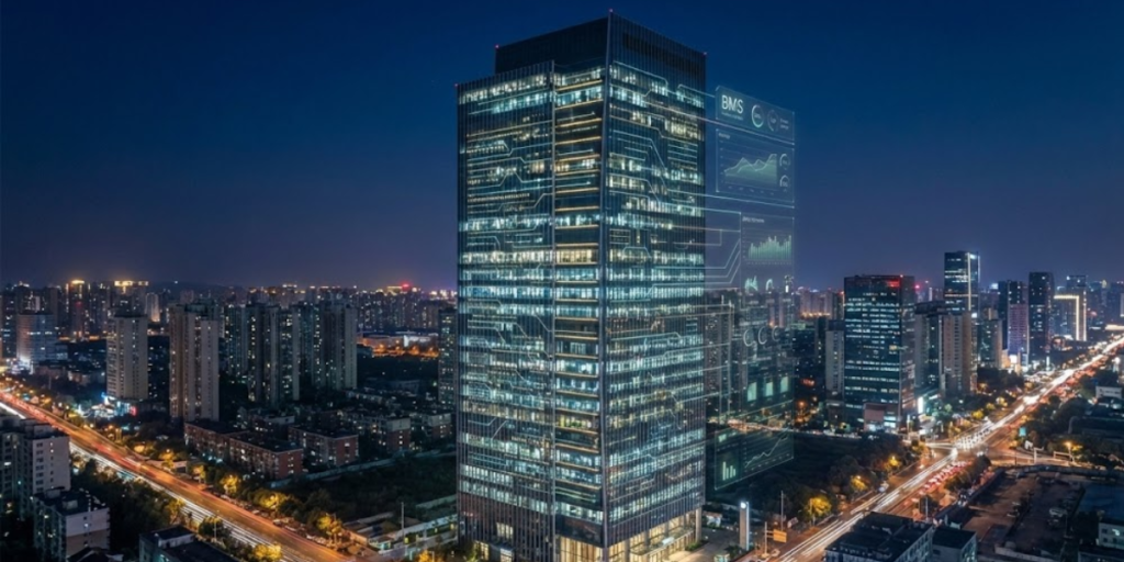 Fotografia noturna de um arranha-céu tecnológico, ilustrando o conceito de BMS em edifícios corporativos modernos. A fachada do prédio é iluminada com padrões que lembram circuitos de dados, e uma interface holográfica projetada ao lado exibe gráficos e métricas de gerenciamento predial em tempo real sobre a cidade iluminada.