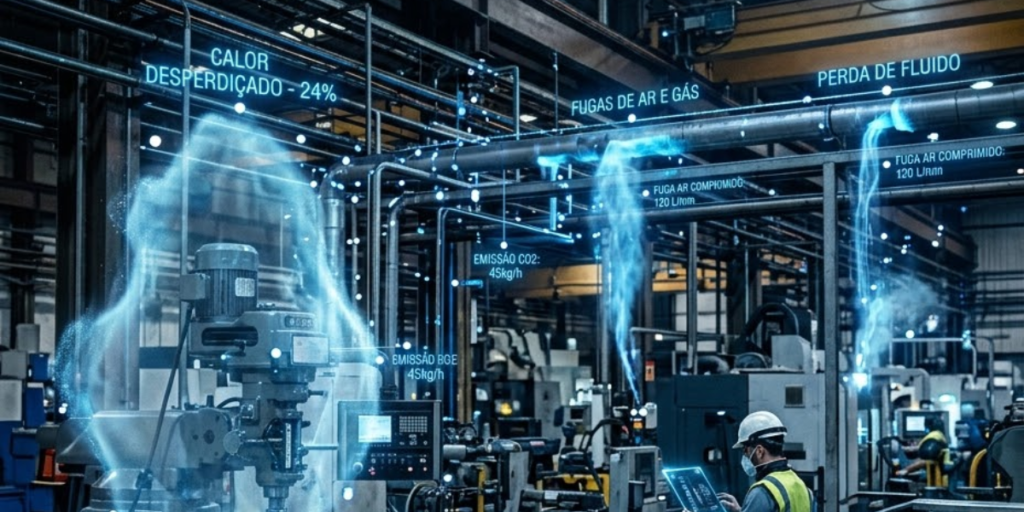 Monitoramento em tempo real em ambiente industrial com sensores e sistema BMS identificando perdas invisíveis como calor desperdiçado, fugas de ar e falhas no fluxo em tubulações e máquinas.