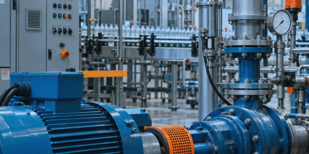 Eficiência energética na indústria com grande motor elétrico, bomba centrífuga, tubulações, instrumentos físicos e painel de controle ao fundo.